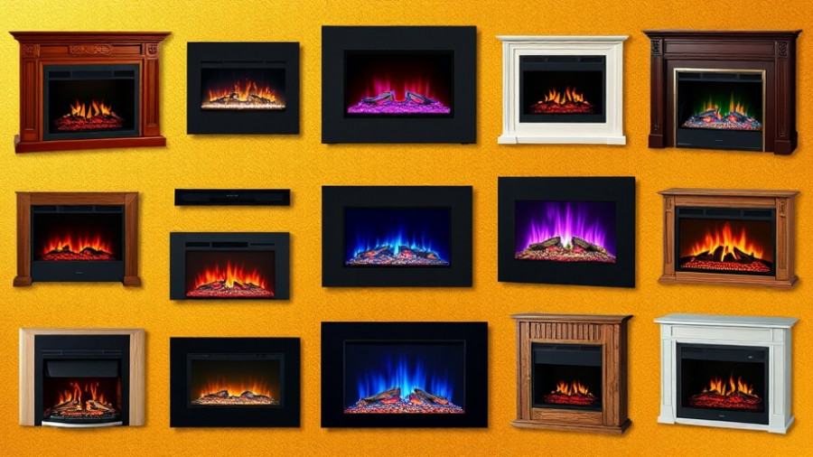 Various styles of electric fireplaces on a golden background, featuring top picks from Amazon.