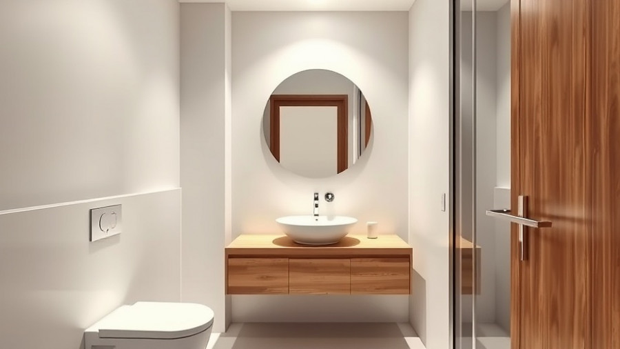 Modern powder room design with wood vanity and warm lighting.