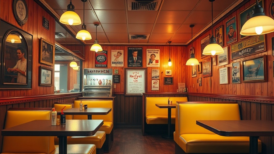 Retro Montreal sandwich shop design with yellow booths and wood walls.