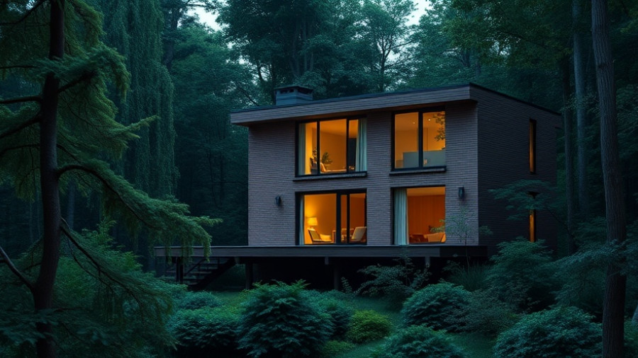 Modern brick house design in lush woodland setting.