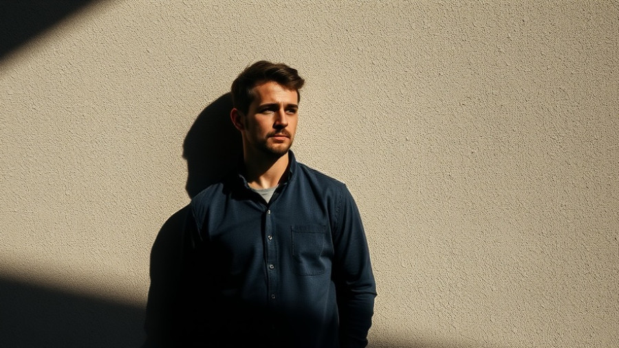 Contemplative man against textured wall in natural light.