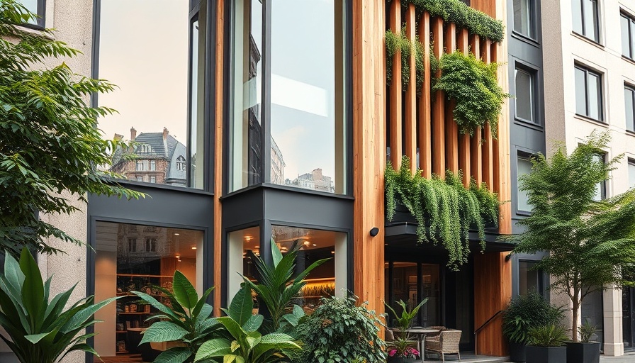 Apartment building facade with lush greenery and large windows.
