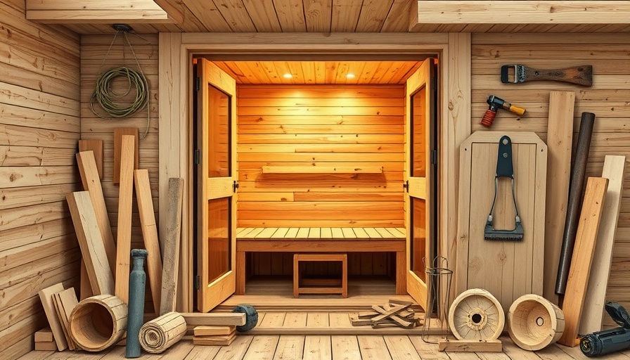 Collage depicting a DIY sauna project with tools and woodwork