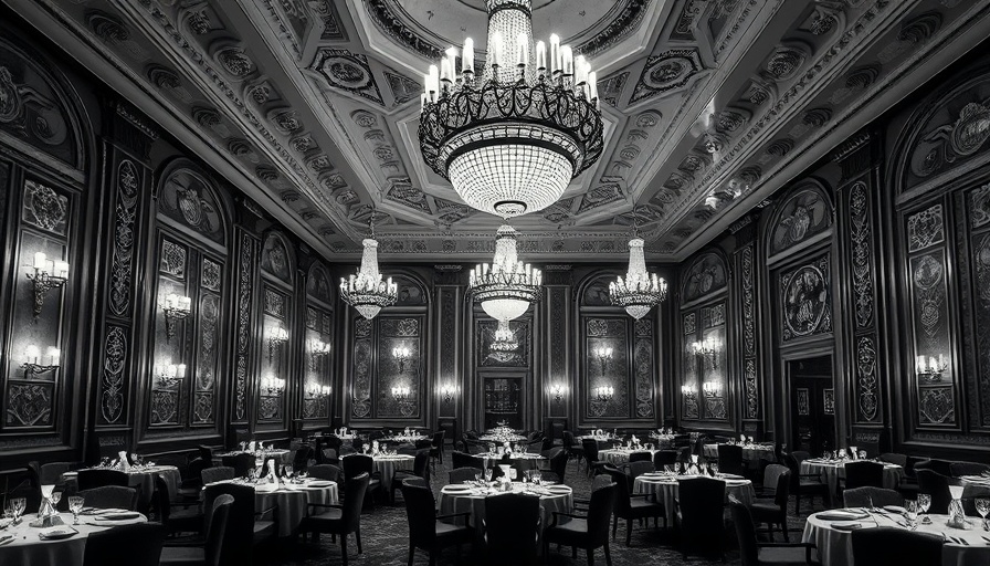 Elegant Art Deco dining hall with ornate chandeliers.