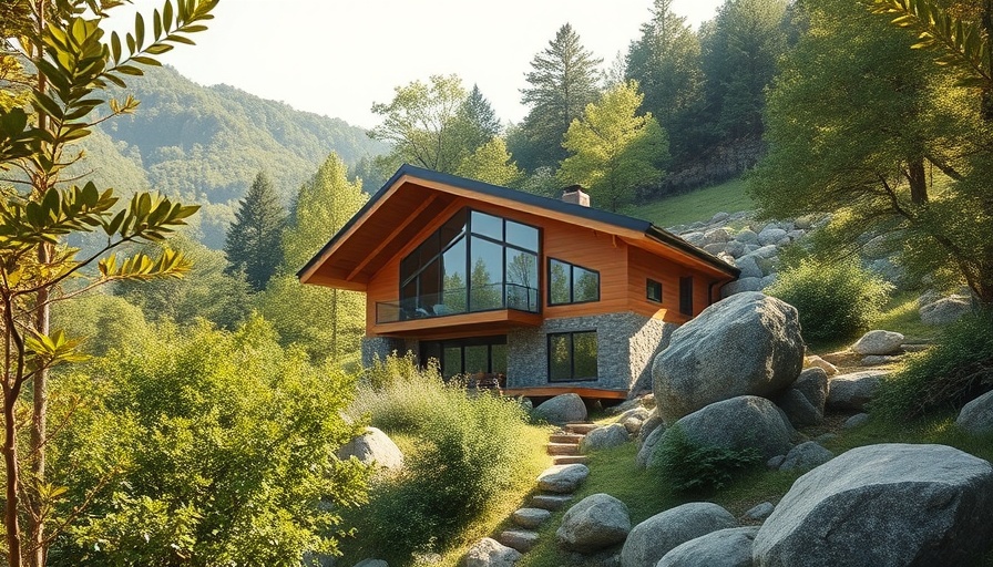 Sustainable architecture in Barcelona surrounded by greenery and rocks.