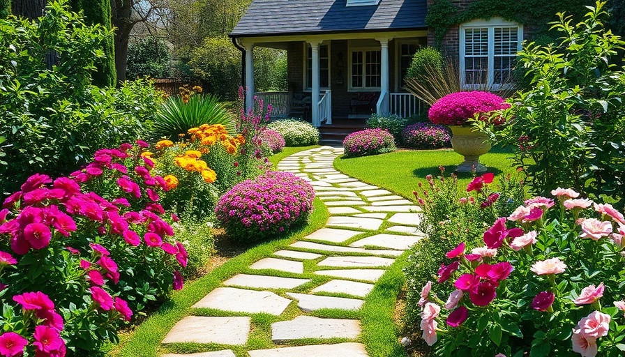 Charming stone path meandering through a vibrant yard.