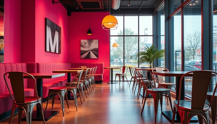 Modern cafe with bright walls and sleek furniture, warm lighting.