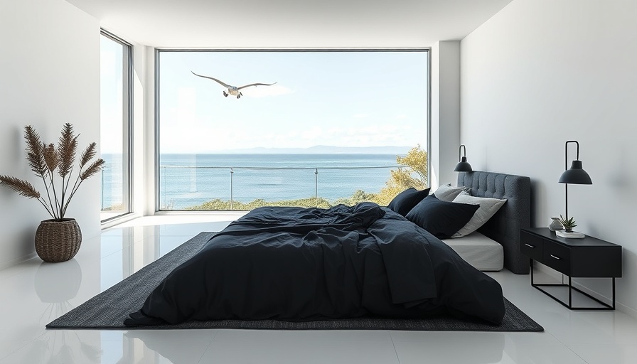 Modern minimalist bedroom, perfect sleep environment with calming coastal view.