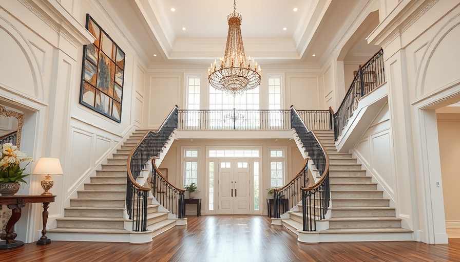 Elegant foyer with double staircase in Beverly Hills mansion.