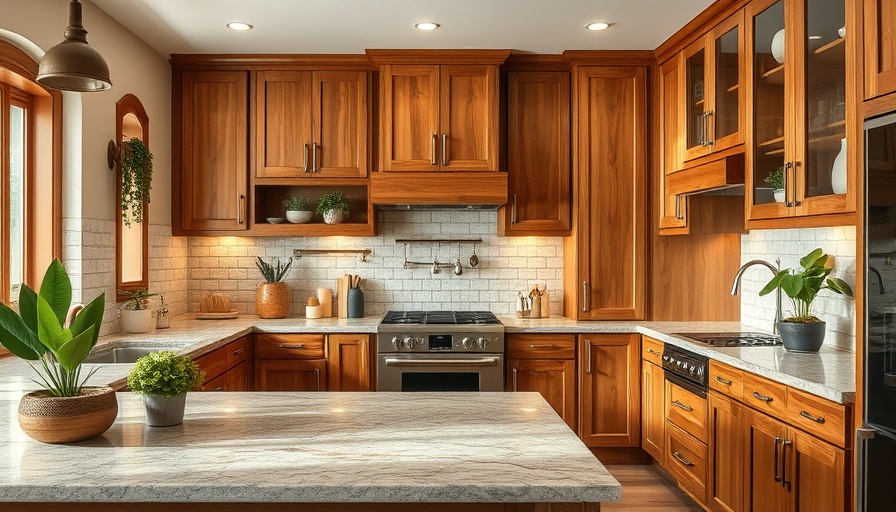 Organic modern kitchen design with wooden cabinets and stone countertops.