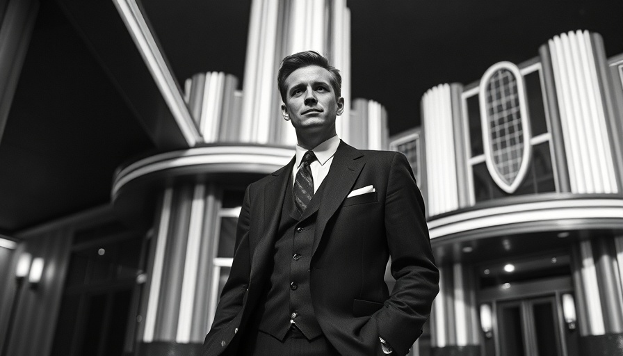 Eltham Palace Art Deco Design with man in suit, vintage photograph.