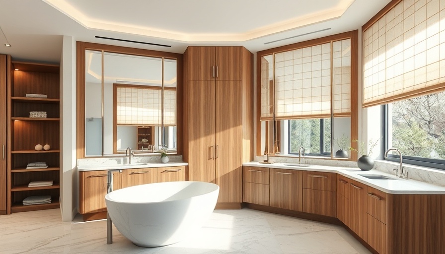 Custom storage solutions in a clutter-free bathroom with marble and wood accents.