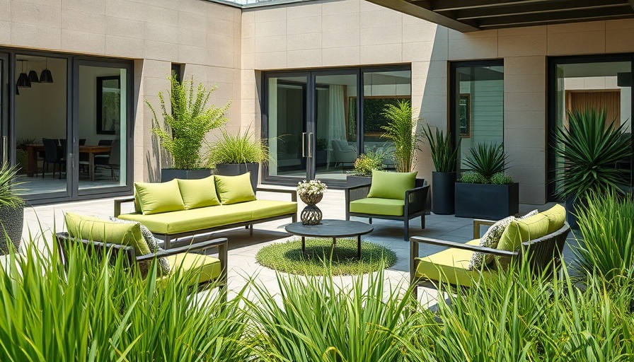Modern patio with green furniture design trends 2025 outdoors.