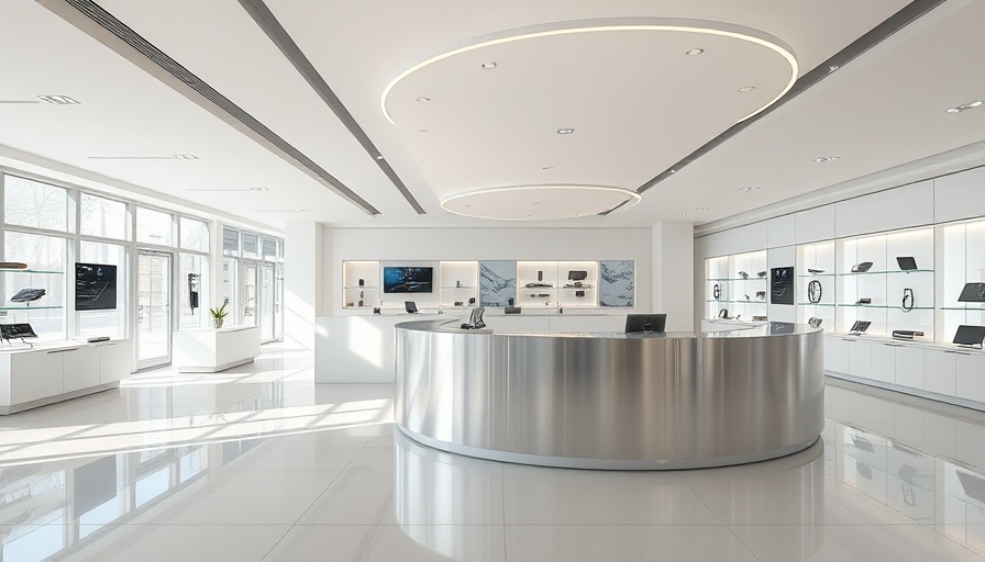 Modern showroom interior with sleek metallic counter, Miami.