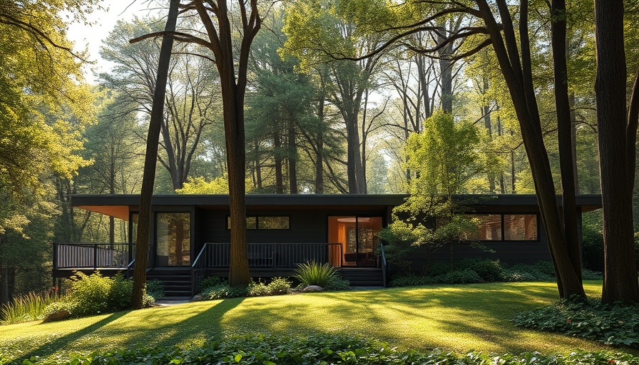 Mid-century modern home design amid lush forest.