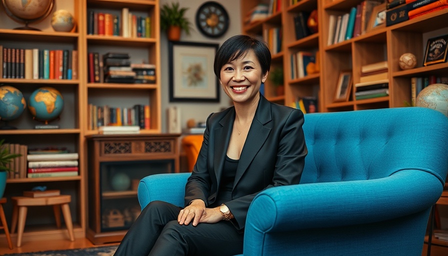 Woman in a dark suit smiling in a vibrant studio setting.