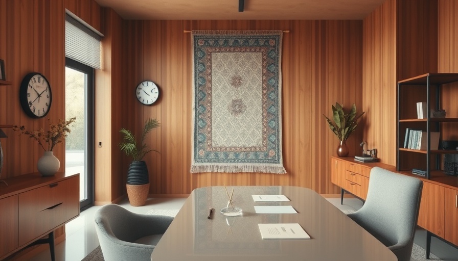 Beni Ourain style rug in a cozy office with mid-century modern decor.