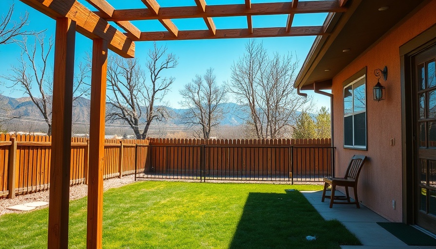 Tranquil backyard with wooden lattice and distant mountains.