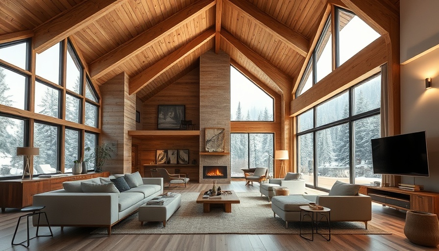 Contemporary mountain cabin design with wooden beams and modern decor