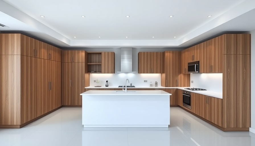 Modern kitchen design in 2025 with wooden cabinets and white countertop.
