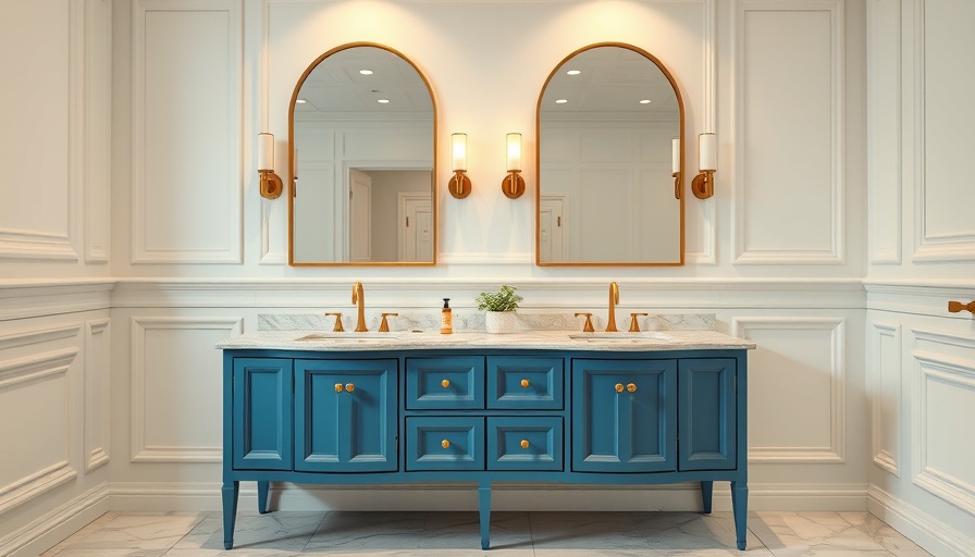 Modern bathroom design with blue vanity and gold fixtures, most popular new bathrooms 2025.