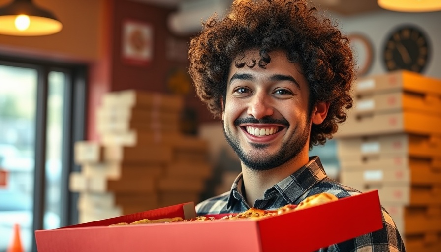 Curly-haired person holding pizza box outside Manhattan pizza shop.
