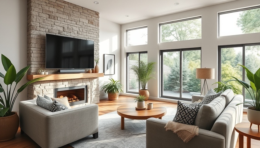 Clean and modern living room with neutral tones and a stone fireplace.