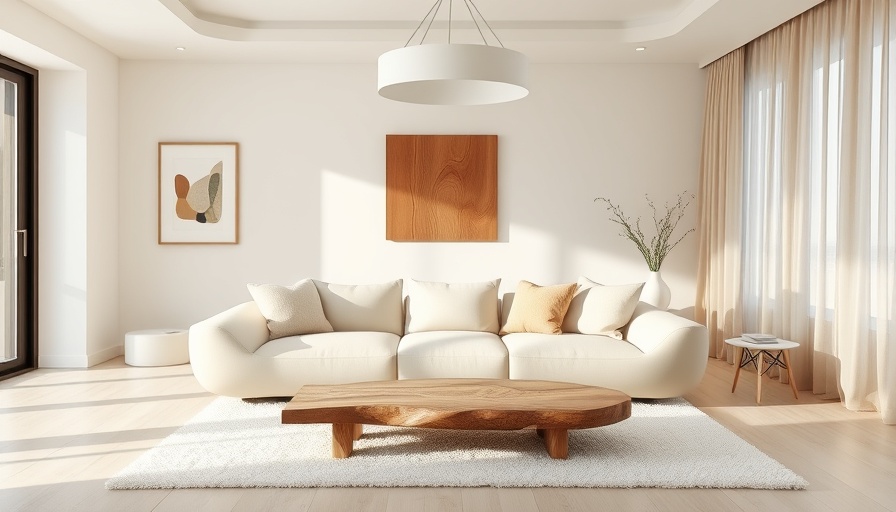 Minimal Wabi-Sabi living room design in India with soft curves and natural elements.