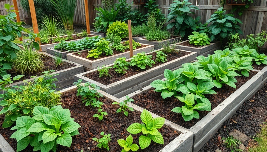 DIY raised garden beds with thriving green plants in a backyard.