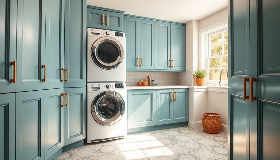 2025 modern laundry room design with teal cabinets and stacked appliances.