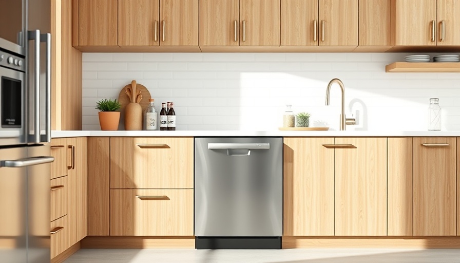 Modern kitchen with clean steel dishwasher, wooden cabinets.