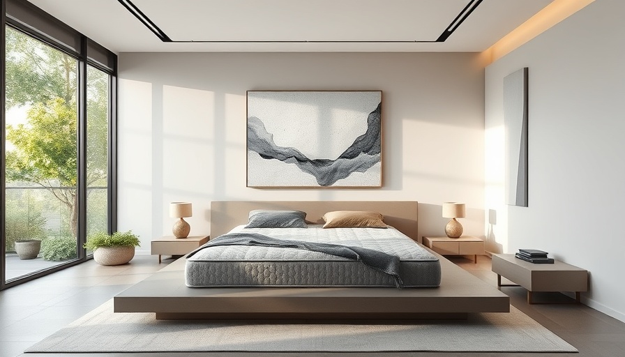 Modern bedroom featuring the best mattress topper 2025 with abstract art and natural light.