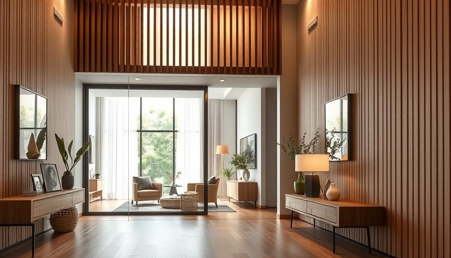 Modern entryway with wooden slats and cozy decor, 2025 design.