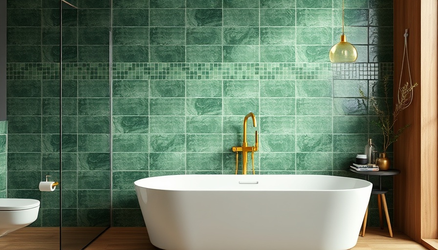 Modern bathroom with green tile trends for 2025, featuring a tub and gold fixtures.