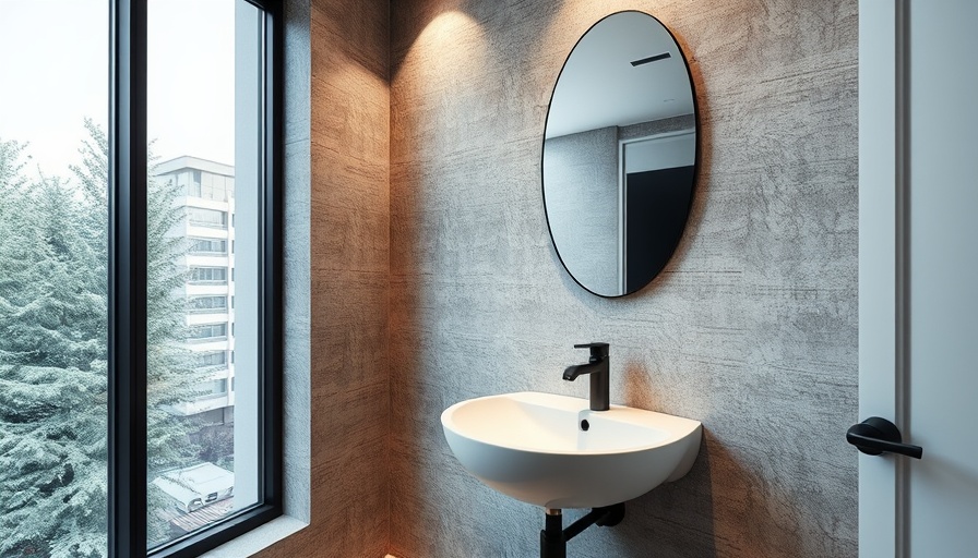 Modern powder room design with sleek sink and large window.