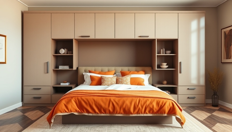 Stylish Murphy bed with orange linens in modern bedroom.