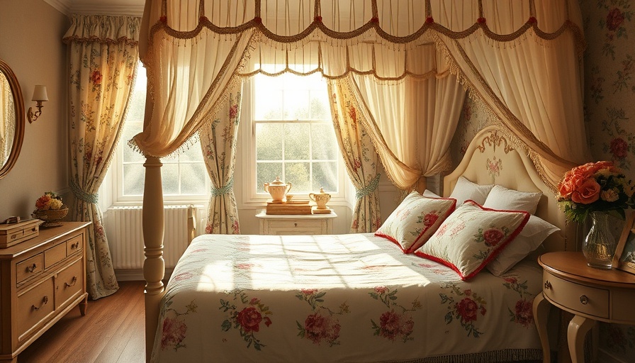 Charming cottagecore bedding with floral canopy in vintage bedroom.