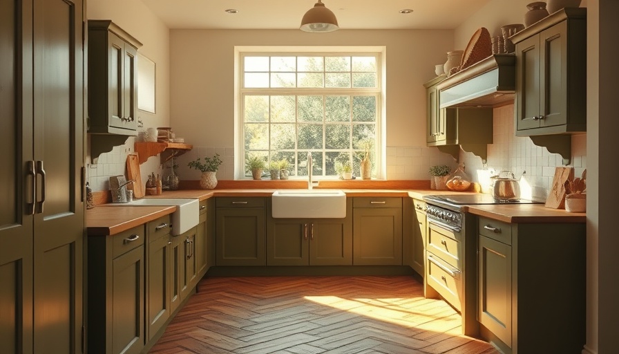 Bright English country kitchen with olive-green cabinets and natural light.