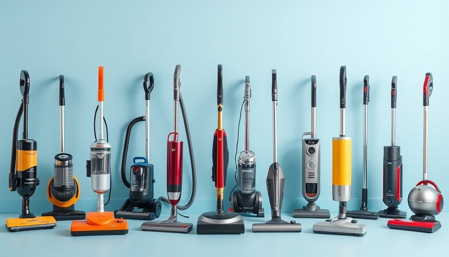 Modern vacuum cleaners on blue background - best vacuums for hardwood floors.
