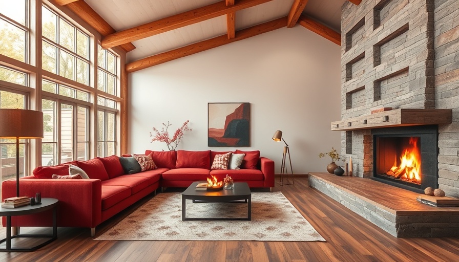 Cozy living room with red sectional sofa and fireplace in modern cabin.