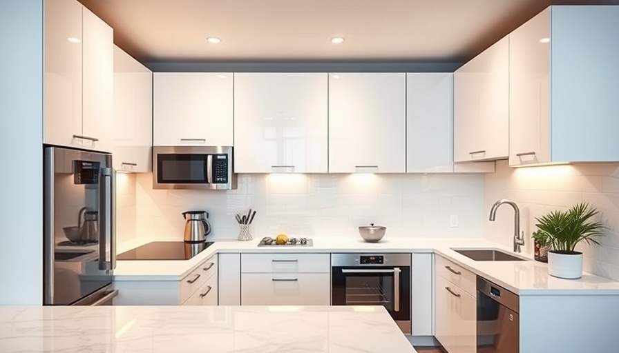 Compact modern kitchen with sleek white cabinets and bar.
