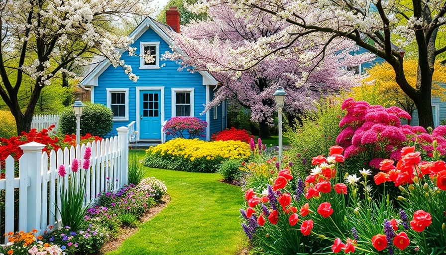 Charming spring garden with colorful flowers and a blue house.
