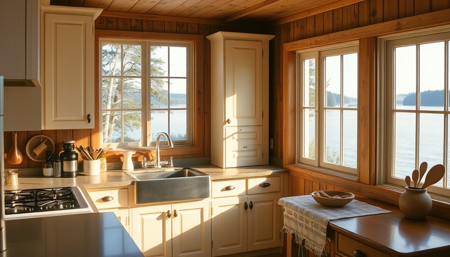 Rustic lakeside kitchen with vintage cabinets.