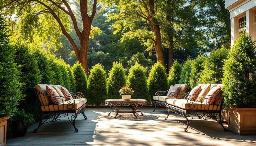 Outdoor patio with elegant metal furniture, Memorial Day sales.