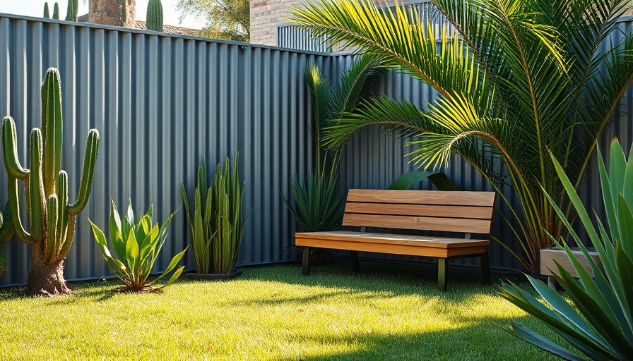 Modern garden with privacy fence ideas, featuring sleek bench and tropical plants.