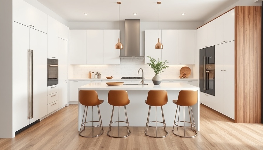 Modern white and wood kitchen with stylish bar stools.