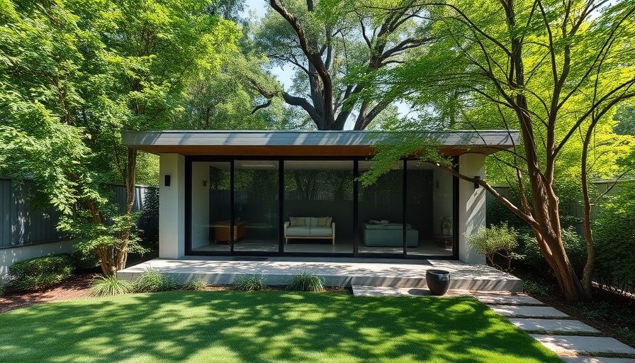 Contemporary backyard studio design with lush greenery and glass facade.