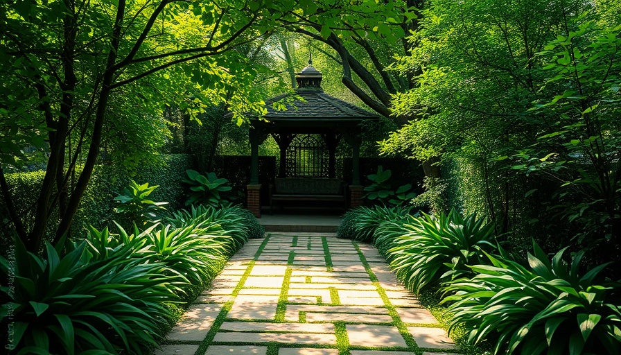 Leafy secluded seating nooks with overgrown garden path.