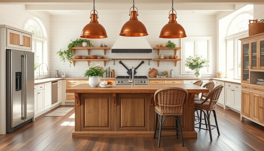 Kitchen islands with standout pendants in a spacious rustic decor.