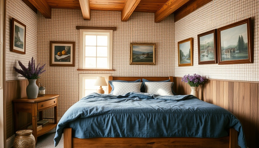Rustic bedroom featuring denim bedding and art.